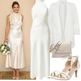 Outfit s Bílá/Krémová Dlouhé saténové šaty/Dlouhé pletené šaty/Šaty S Vysokým Výstřihem/Šaty s výstřihem/Šaty s Rozparkem warehouse "Jarní outfit"