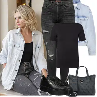 Léto Outfit s Černá/Světle šedá/Tmavě šedá/Šedá Kožená bunda/Kožené bundy/Motorkářské Džíny/Džíny s Dírou/Džíny s Rozparkem Only "Jarní outfit"