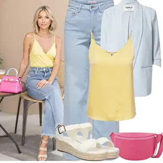 Koncer Outfit sa Krem/Bež/Bijela Espadrila sandala/Ljetna Cipela/Espadrila s klinastim petom/Sandala s klinastom petom About You, Žuta Nekategorizirano Only "Jarní outfit"Look: dan na plaži, Brvnare, 30. rođendan, Festival, Koncer, Malle, Fašnik, Obljetnica