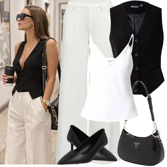 Festival Outfit s Krémová/Šedá/Světle zelená/Khaki/Bílá/Béžová Široká Kalhoty/Palazzo Kalhoty/Kalhoty s Vysokým Pasem/Culotte Kalhoty/Kalhoty se Štěrbinou/Marlene Kalhoty Object "Jarní outfit"Look: Bar, Den na pláži, Koncert, Chatky, Festival, Škola