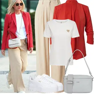 Ljeto Outfit sa Bež/Narandžasta/Kaki/Smeđa Lanene Hlače/Široka Hlača/Marlene Hlača/Hlače Visokog Struka/Tradicionalna Hlača/Palazzo Hlača/Naborane hlače/Hlače od muslina/Hlače s Prorezom/Hlače s prednjim naborom/Hlače S Naborom Leger by Lena Gercke "Jarní outfit"