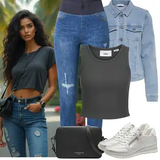 Léto Outfit s Modrá/Tmavě modrá Push up Džín/Džíny s Dírou/High Waist Džínové Kalhoty/Kožené bundy/Kožená bunda/Navlékací džíny Freequent "Jarní outfit"