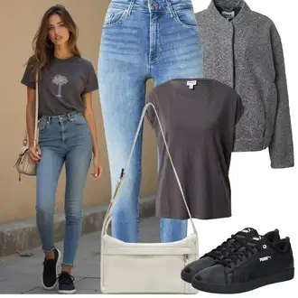 Outfit sa Crna/Ljubičasta Kožna Tenisica/Niska Tenisica/Skate cipela/Tanka Tenisica Puma "Jarní outfit"
