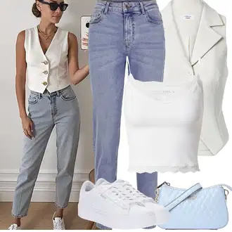 Vysoký Pas Outfit s Světle modrá Mom Jean/Dad Džíny/Boyfriend Džínové kalhoty/High Waist Džínové Kalhoty/Navlékací džíny/Zužující se Džíny/Girlfriend Džíny/Kožená Pánská Bund/Vintage džíny/Zkrácené Džíny Pieces "Jarní outfit"