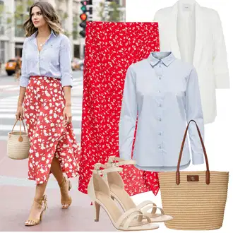 Narozeniny Outfit s Krémová/Bílá Pieces, Červená/Růžová/Fialová Slavnostní Maxi Sukně/Sukně s potiskem/Zavinovací Sukně/Sukně S Květinovým Vzorem bershka "Jarní outfit"Look: Bar, Křest, Matriční Úřad, Škola, 60. narozeniny, Koncert, Den na pláži, Narozeniny, Výročí, Den matek, Valentýn, Divadlo, Matriční úřad, Zahradní večírek, 30. narozeniny