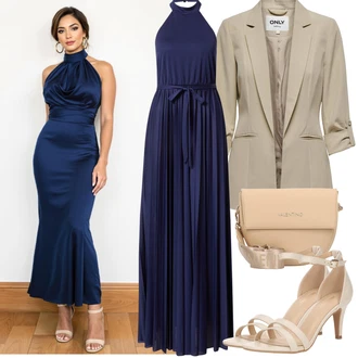 Výstřih kolem krku Outfit s Tmavě modrá/Modrá Šaty s výstřihem/Maxi Šaty/Plisované Šaty/Dlouhé Letní Šaty/Dlouhé Šaty About You "Jarní outfit"