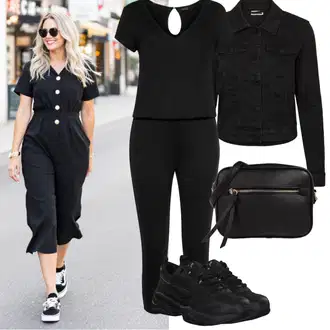 Šik Svatovski gost Outfit sa Crna Kombinezon s patentnim zatvaračem/Elegantni Kombinezon/Ljetni Kombinezon/Svečani Kombinezon/Komplet za trčanje Lascana "Jarní outfit"Look: Ured, Mom, Premium, Rap, Radna odjeća, Disko, Elegantan, Šik