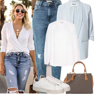 Léto Outfit s Světle modrá/Modrá High Waist Džínové Kalhoty/Kotníková Bota/Boyfriend Džínové kalhoty/Džíny s Rozparkem/Kožené bundy/Džíny s Dírou/Girlfriend Džíny Pieces "Jarní outfit"