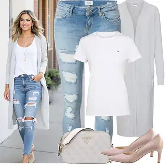 Léto Outfit s Světle modrá/Modrá Kožená bunda/Džíny s Rozparkem/Kotníková Bota/Push up Džín/Kožené bundy/Džíny s Dírou/Džíny s Nízkým Sedem Only "Jarní outfit"