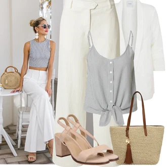Koncer Outfit sa Krem/Bijela Kaput/Pletivo Veći Broj/Tunika Pieces, Siva/Svjetlosiva Majica I Top Veći Broj/Bluza Veći Broj/Bluza i Tunika Only, Pink/Crvena/Bež/Smeđa/Kaki Sandala na Petu/Sandala s petom/Sandalice s blok petom About You "Jarní outfit"Look: Koncer, 60. rođendan, Krštenje, Matični ured, dan na plaži, Škola, Rođendan, Brvnare, Gala, Festival, 30. rođendan, Malle