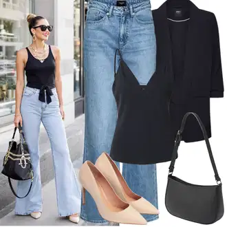 Zvonové kalhoty Outfit s Světle modrá/Modrá Džíny High Waist Džínové Kalhoty/Džíny Culottes/Džín s Širokou Nohavicí/Džíny Volného Střihu/Džíny s Rozparkem/Zvonové Džíny/Vintage Džíny/Baggy Džíny/Pánské tričko VERO MODA "Jarní outfit"