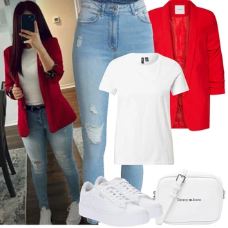 Outfit s Červená/Tmavě červená Oversize Sako/Boyfriend Sako/Dlouhý Sako/Teplákový blejzr/Kožená bunda pro muže Pieces "Jarní outfit"