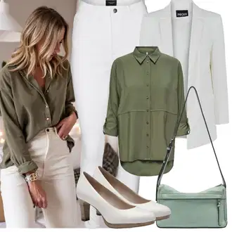 Outfit s Šedá/Krémová/Bílá Tregíny/Legíny s Rozparkem/Jeggings/Termo Kalhoty/Skinny Kalhoty/Legíny s Vysokým Pasem VERO MODA "Jarní outfit"