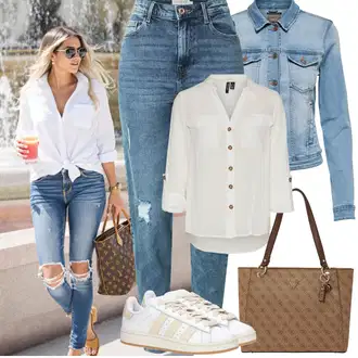 Léto Outfit s Světle modrá/Modrá High Waist Džínové Kalhoty/Kotníková Bota/Boyfriend Džínové kalhoty/Džíny s Rozparkem/Kožené bundy/Džíny s Dírou/Girlfriend Džíny Pieces "Jarní outfit"