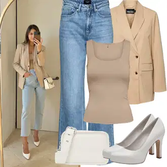 Zvonové kalhoty Outfit s Světle modrá/Modrá Džíny High Waist Džínové Kalhoty/Džíny Culottes/Džín s Širokou Nohavicí/Džíny Volného Střihu/Džíny s Rozparkem/Zvonové Džíny/Vintage Džíny/Baggy Džíny/Pánské tričko VERO MODA "Jarní outfit"