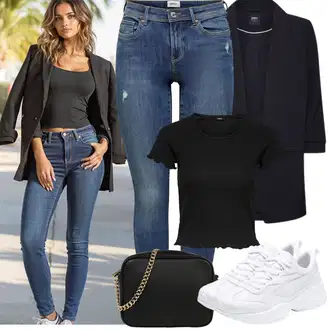 Léto Outfit s Modrá/Tmavě modrá/Světle modrá Kožená bunda/Navlékací džíny/Kožené bundy/Džíny s Nízkým Sedem/Džín s Nízkým Pasem/Džíny s Dírou/Džíny s Rozparkem/Push up Džín/Kožené Boty/Kotníková Bota Only "Jarní outfit"