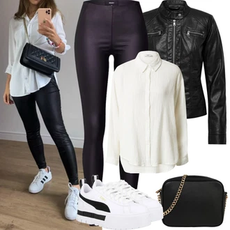Outfit s Černá/Tmavě zelená/Tmavě šedá/Khaki Tregíny/Legíny Vinylový Legín/Legíny Kožený Vzhled/Legíny s Rozparkem/Kalhoty z Umělé Kůže/Kožený Legíny Object "Jarní outfit"