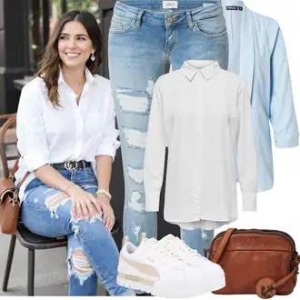 moderne Outfit sa Svjetloplava/Plava Kožna Jakna/Kožne jakne/Traperica Niskog Struka/Čizma do Gležnja/Traperice s Rupom/Push-up Traperice/Traperice s Prorezom Only "Jarní outfit"Look: Rap, Stil, moderne, cool, Disko, Sveučilišna, Prekrasan
