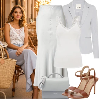 Outfit s Šedá/Bílá/Stříbrný/Světle šedá Italská Sukně/Midi Sukně/Sukně do Délky Lýtka/Dlouhá Sukně/Koktejlová Sukně/Sukně Pro Svatebního Hosta/Svatební Sukně/Moderní Sukně/Pletená sukně/Křesťanská Sukně/Rozhalená Sukně weekday "Jarní outfit"