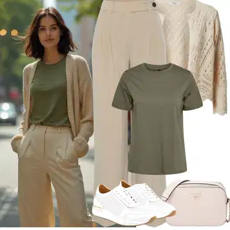 Outfit s Béžová/Khaki/Hnědá Plisovaná Kalhoty/Marlene Kalhoty/Plisovaná Kalhoty/Palazzo Kalhoty/Kalhoty s nášivkou uprostřed/Culotte Kalhoty/Mušelínové Kalhoty/Navlékací Kalhoty/Slinky Kalhoty Lascana "Jarní outfit"