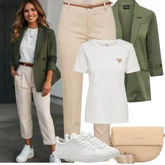 Narozeniny Outfit s Tmavě zelená/Zelená Only, Béžová/Khaki Kalhoty se Štěrbinou/Úzká Kalhoty/Ležérní Kalhoty/Obleková Kalhoty/Twillová Kalhoty/Business Kalhoty/Kalhoty s Vysokým Pasem/Skinny Kalhoty B.young "Jarní outfit"Look: Bar, Koncert, Zvláštní příležitosti, Škola, Firemní večírek, 60. narozeniny, 40. narozeniny, 50. narozeniny, Narozeniny, 30. narozeniny, Den na pláži, Chatky, Den matek, 18. narozeniny