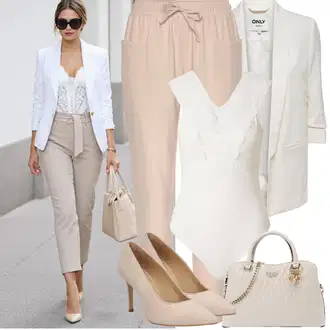 Outfit s Béžová/Hnědá/Khaki 7/8 Kalhoty/Bengaline Kalhoty/Kalhoty s nášivkou uprostřed/Navlékací Kalhoty/Capri Kalhoty/Mušelínové Kalhoty/3/4 Kalhoty/Jogger Kalhoty Lascana "Jarní outfit"