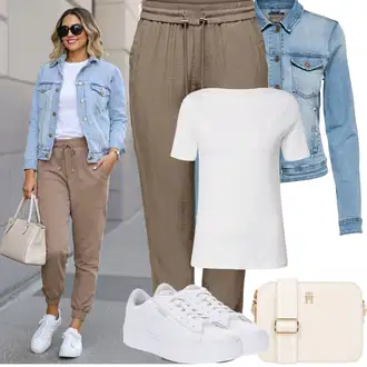 Outfit s Khaki/Hnědá Ležérní Kalhoty/Lněné Kalhoty/Mušelínové Kalhoty/Kalhoty s nášivkou uprostřed/Tradiční Kalhoty/Boyfriend Kalhoty Only "Jarní outfit"