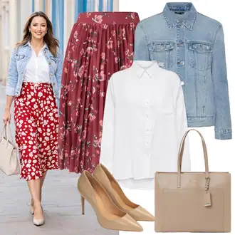 Boho Outfit sa Crvena/Vinski Crveno/Ljubičasta/Pink/Tamnocrvena Kratke hlače velike veličine/Haljina Veći Broj/Bluza i Tunika About You "Jarní outfit"Look: Boja, Boho, Sveučilišna, Hippie, Western, Romantičan