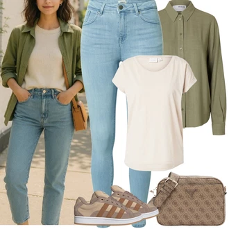 Outfit s Béžová/Hnědá/Khaki/Šedá Taška Přes Rameno/Pánská taška/Pásková taška/Taška/Klasická Taška Přes Rameno/Dopisová peněženka/Malá Taška/Brašna/Sportovní Taška Přes Rameno Guess "Jarní outfit"