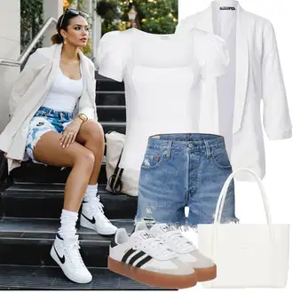 Outfit sa Siva/Bijela/Crna/Krem/Bež Tanka Tenisica/Vintage Tenisica/Niska Tenisica/Tenisica s platformom/Kožna Tenisica/Skate cipela Adidas Originals "Jarní outfit"