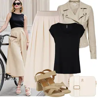 Outfit sa Bež/Smeđa/Kaki Obuća Sandala na Petu/Sandala s petom/cipela s remenom/Sandalice s blok petom/Ljetna Cipela About You "Jarní outfit"
