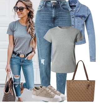 Vysoký Pas Outfit s Světle modrá/Modrá High Waist Džínové Kalhoty/Kotníková Bota/Boyfriend Džínové kalhoty/Džíny s Rozparkem/Kožené bundy/Džíny s Dírou/Girlfriend Džíny Pieces "Jarní outfit"