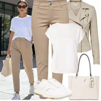 Koncert Outfit s Béžová/Khaki/Hnědá Motorkářské Bund/Bunda z Umělé Kůže/Bunda s Bočním Zipem/Kožené Bund/Motorkářská bunda Only, Bílá/Krémová Tričko/Jednoduchý top/Tričko s vodopádovým výstřihem/Funkční tričko/Pletené tričko/Síťované tričko/Košilový top/Tričko s krátkým rukávem/Krátký top/Sportovní tričko/Zavinovací Tričko Vila, Bílá/Béžová/Krémová/Khaki/Modrá Vintage teniska/Letní tenisky/Nízká Teniska/Teniska s dírkovaným vzorem/Úzká teniska/Skate Bota/Kožené tenisky Nike Sportswear "Jarní outfit"Look: Bar, Koncert, Škola, Křest, Den na pláži, Galavečer, Den matek, 18. narozeniny, Zvláštní příležitosti, Svatba
