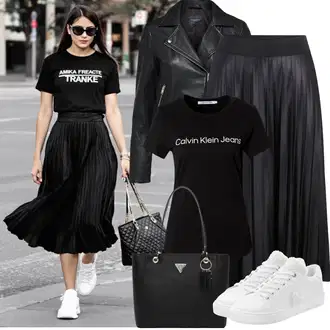 Outfit s Černá/Šedá/Tmavě šedá Sukně do Délky Lýtka/Křesťanská Sukně/Dlouhá Sukně/Maxi sukně/Midi Sukně/Moderní Sukně/Plisovaná sukně/Sukně Pro Matriku Vila "Jarní outfit"