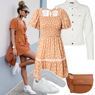 Výstřih kolem krku Outfit s Oranžová/Hnědá/Béžová/Růžová/Žlutá Šaty s puntíky/Francouzské šaty/Letní Šaty/Šaty S Kosticí/Vintage šaty/Šaty Niki/Retro Šaty/Šaty s nadýchaným rukávem river island "Jarní outfit"