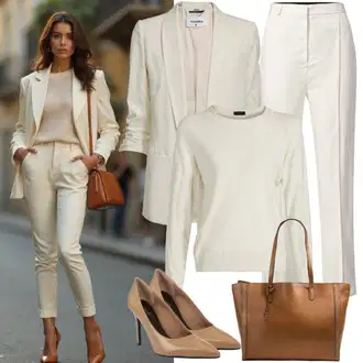 Outfit s Hnědá/Béžová/Khaki Kalhoty se Štěrbinou/Chinos/Mušelínové Kalhoty/Kalhoty s nášivkou uprostřed/Rovná Kalhoty/Obleková Kalhoty/Úzká Kalhoty/Business Kalhoty Fransa "Jarní outfit"