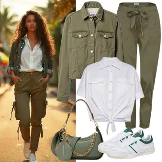 Outfity pro léto Pracovní oděvy s Tmavě zelená/Khaki Paperbag Kalhoty/Cargo Kalhoty GAP, Zelená/Tmavě zelená Bomber/Udržitelná bunda/Jarní bunda/Krátký Bund/Letní Bund/Krátký Bund/Bunda s Kapucí Only "Jarní vzhled pro každodenní nošení"Look: 90tá léta, Venkovní, Pracovní oděvy, Hip Hop, Nadrozměrné
