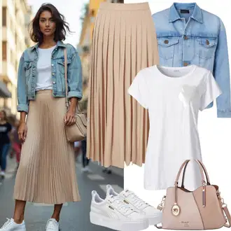 Narozeniny Outfit s Béžová/Hnědá/Khaki Midi Sukně/Sukně do Délky Lýtka/Vintage sukně maxi/Pletená sukně/Dlouhá Sukně/Křesťanská Sukně/Plisovaná sukně/Maxi sukně/Italská Sukně/Sukně Pro Matriku Rich & Royal "Jedinečný volnočasový outfit"Look: Bar, 60. narozeniny, Koncert, Biřmování, Chatky, Den matek, Škola, Zvláštní příležitosti, Divadlo, Matriční úřad, Narozeniny