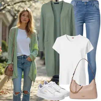 Outfit sa Bijela/Bež/Kaki/Zlatni Mala Torbica/Pojasna torbica/Torbica/Torba preko ramena/Torba za rame/Torbica za telefon/Torbica/Torba Za Preko Ramena About You "Ležerni outfit za proljeće"