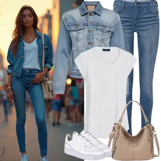 moderne Outfit sa Plava/Svjetloplava Traper Jakna/Kratka Traper Jakna AG Jeans "Lijep ljetni izgled"Look: Rap, Sveučilišna, 90-ich, cool, moderne, Prekrasan, Vintage, Western