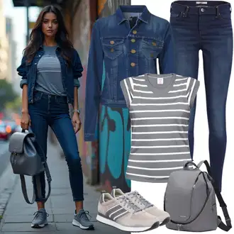 moderne Outfit sa Plava/Svjetloplava Traper Jakna/Kratka Traper Jakna AG Jeans "Ljetni izgled za svakodnevno nošenje"Look: Rap, Sveučilišna, 90-ich, cool, moderne, Prekrasan, Vintage, Western