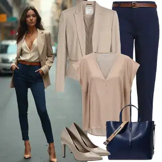 Outfit s Tmavě modrá Business Kalhoty/Navlékací Kalhoty/Strečová Kalhoty/Obleková Kalhoty/Kalhoty s Vysokým Pasem/Mušelínové kalhoty/Žerzejová Kalhoty/Tregíny/Rovná Kalhoty/Úzká Kalhoty/Bengaline Kalhoty Object "Mega krásné jarní oblečení"