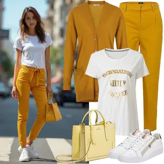 Outfit s Béžová/Žlutá/Khaki Kalhoty se Štěrbinou/Obleková Kalhoty/Rozšířená Kalhoty/Marlene Kalhoty/Kalhoty s Vysokým Pasem/Zvonová Kalhoty/Kalhoty Bootcut/Kalhoty s nášivkou uprostřed/Business Kalhoty Gina Tricot "Městský styl oblečení"