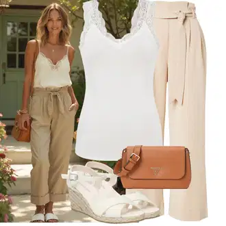 Outfit sa Bež/Kaki/Smeđa Hlače Culotte Hlačice/Hlače Visokog Struka/Lanene Hlače/Marlene Hlača/Hlače od muslina/Palazzo Hlača/Hlače s Prorezom/Paperbag Hlača/Široka Hlača Only "Ležerni look za slobodno vijeme"