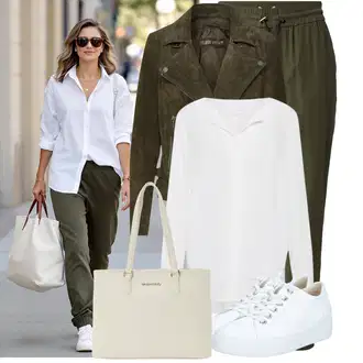 Outfit s Khaki/Tmavě zelená Navlékací Kalhoty/Mrkvová Kalhoty/Jogger Kalhoty/Tradiční Kalhoty/Baggy Kalhoty/Harémová Kalhoty/Mušelínové Kalhoty/Ležérní Kalhoty/Paperbag Kalhoty Only "Lehký outfit"