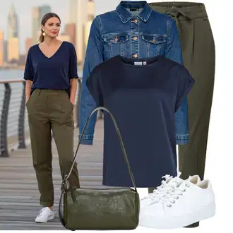 Outfit sa Zeleno/Tamnozelena/Kaki Hlača Velika Veličina/Tajice Velika Veličina Only, Plava/SvjetloPlava/TamnoPlava/Pastelne boje Kaput VERO MODA "Lagani outfit"