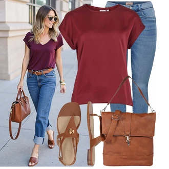 Koncer Outfit sa Svjetloplava/Plava Skinny Hlače/Traper Tajice/Jeggings Only, Tamnocrvena/Vinski Crveno/Crvena/Pink/Smeđa Tunika/Bluza Veći Broj Vila, Smeđa/Bež Poslovna Torba/Torbica/Torba Za Laptop/Torba za rame/MacBook futrola/Ured Za Torbu/Torba Za Notebook About You "Odličan za slobodno vrijeme"Look: Koncer, Škola, 18. rođendan, Valentinovo, Majčin dan, Posebne prigode