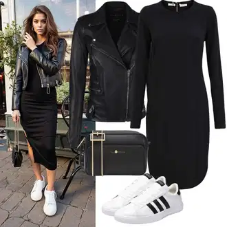 Outfit sa Crna Pletena Haljina/Zimska Haljina Zimska Pletena Haljina/Zimska Haljina/Džemper Haljina/Haljina s Pojasom GLAMOROUS "Modna proljetna odjeća"