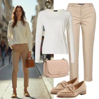 Outfit s Hnědá/Béžová/Khaki Kalhoty se Štěrbinou/Chinos/Mušelínové Kalhoty/Kalhoty s nášivkou uprostřed/Rovná Kalhoty/Obleková Kalhoty/Úzká Kalhoty/Business Kalhoty Fransa "Módní jarní outfit"