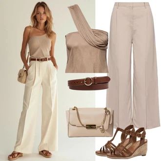 Festival Outfit s Béžová/Khaki/Hnědá Plisovaná Kalhoty/Marlene Kalhoty/Plisovaná Kalhoty/Palazzo Kalhoty/Kalhoty s nášivkou uprostřed/Culotte Kalhoty/Mušelínové Kalhoty/Navlékací Kalhoty/Slinky Kalhoty Lascana "Módní jarní outfit"Look: Bar, Banka, Den na pláži, Koncert, Chatky, Festival